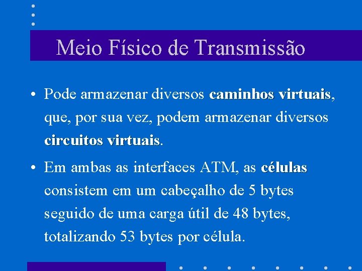 Meio Físico de Transmissão • Pode armazenar diversos caminhos virtuais, virtuais que, por sua