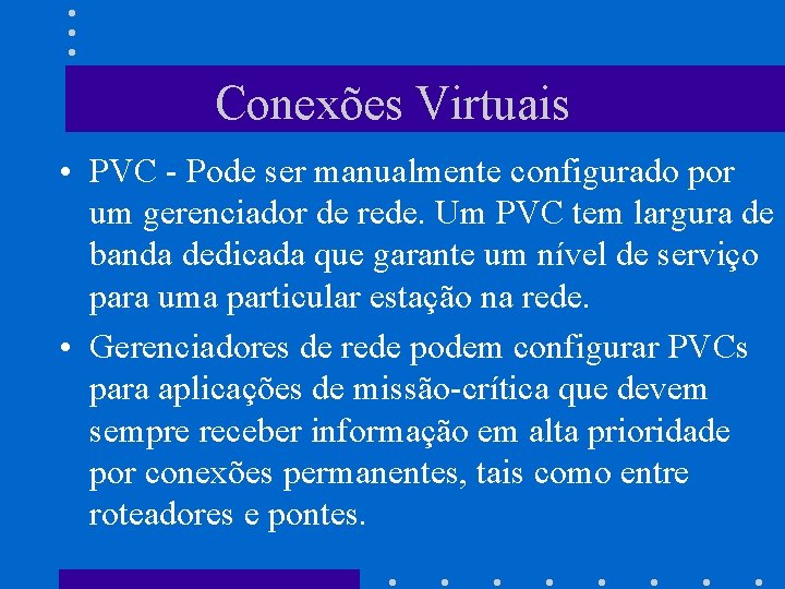 Conexões Virtuais • PVC - Pode ser manualmente configurado por um gerenciador de rede.