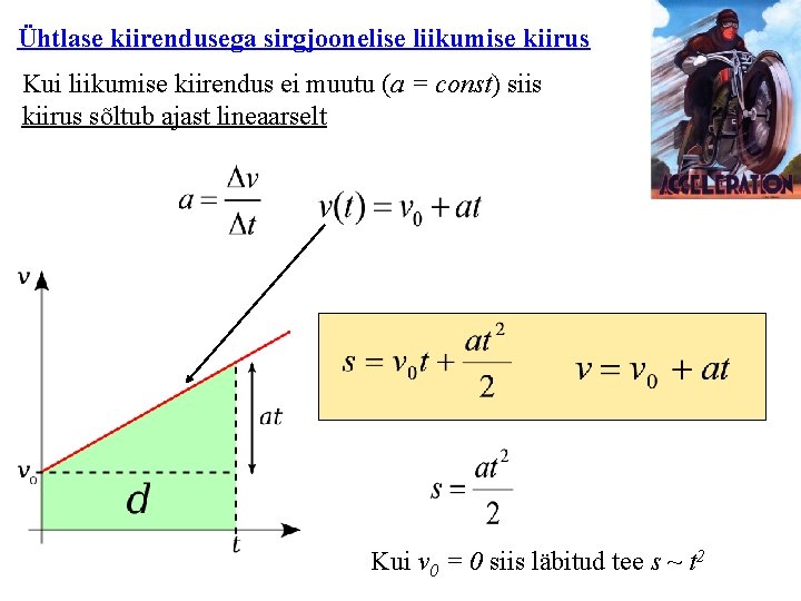 Ühtlase kiirendusega sirgjoonelise liikumise kiirus Kui liikumise kiirendus ei muutu (a = const) siis