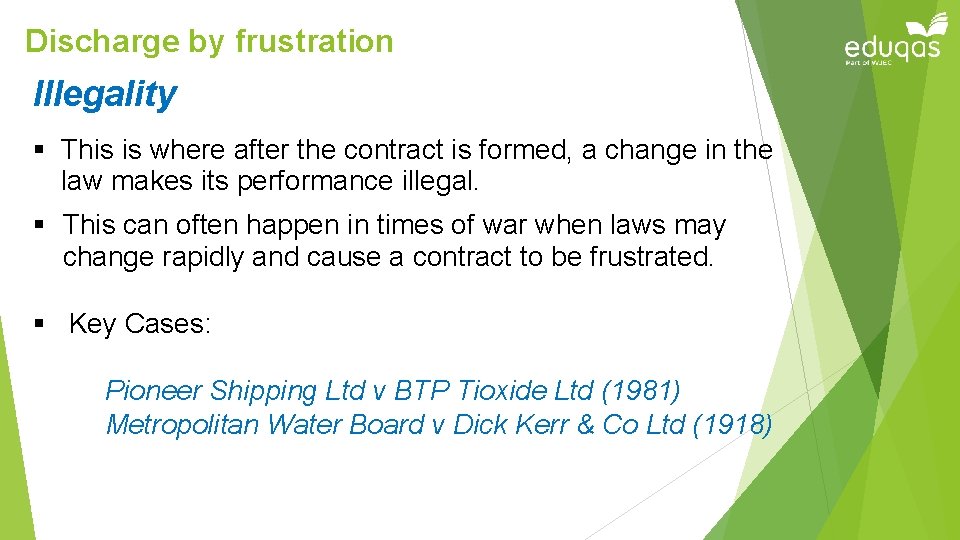 Discharge by frustration Illegality § This is where after the contract is formed, a