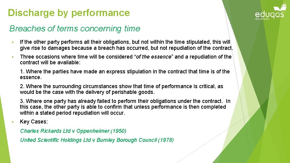 Discharge by performance Breaches of terms concerning time § If the other party performs