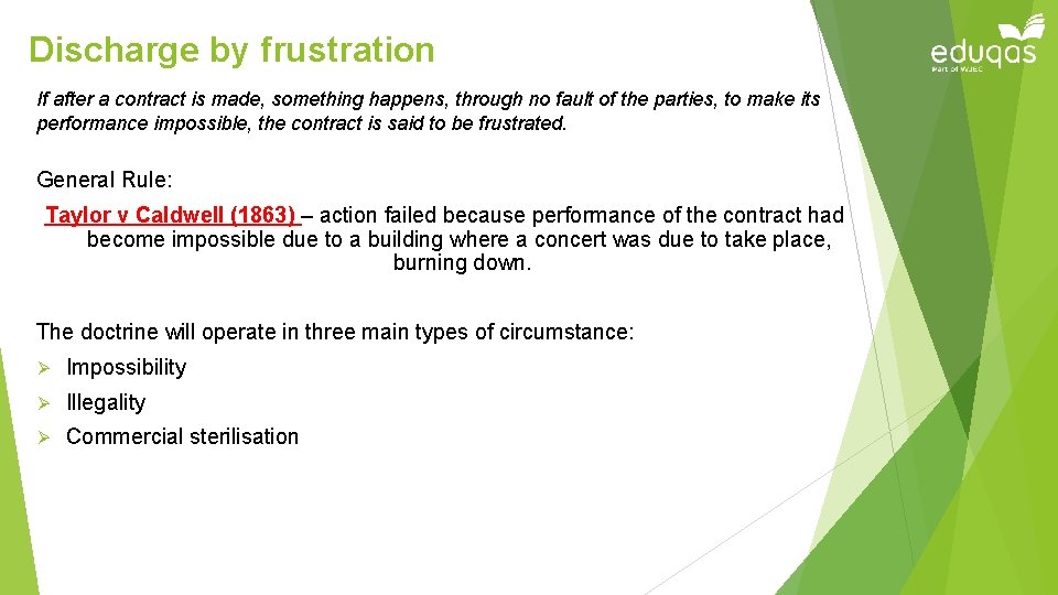 Discharge by frustration If after a contract is made, something happens, through no fault