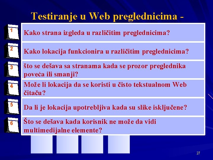 1 Testiranje u Web preglednicima Kako strana izgleda u pitanja različitim preglednicima? 2 Kako