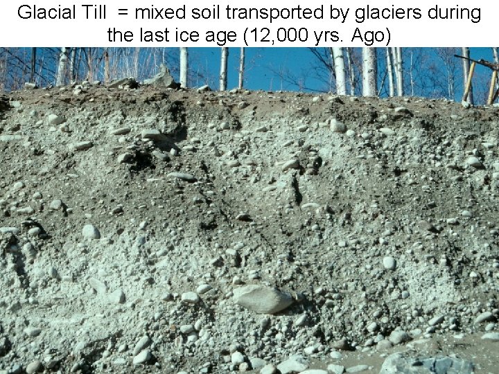 Glacial Till = mixed soil transported by glaciers during the last ice age (12,