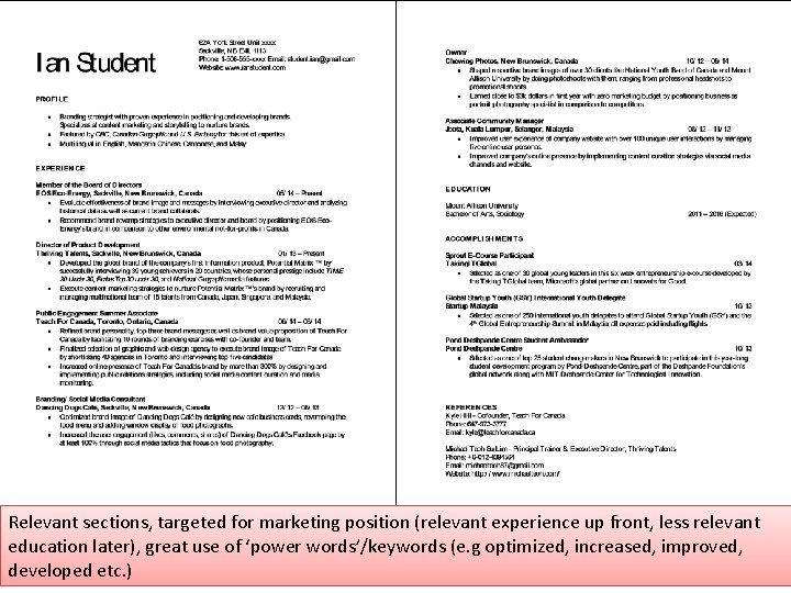 Relevant sections, targeted for marketing position (relevant experience up front, less relevant education later),