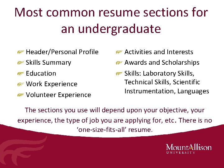 Most common resume sections for an undergraduate Header/Personal Profile Skills Summary Education Work Experience
