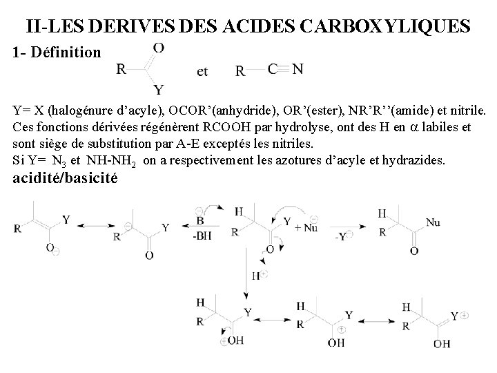 II-LES DERIVES DES ACIDES CARBOXYLIQUES 1 - Définition Y= X (halogénure d’acyle), OCOR’(anhydride), OR’(ester),