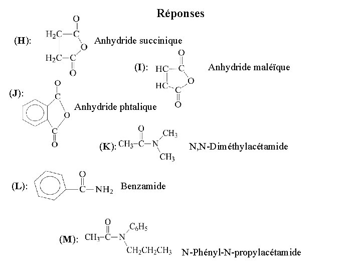 Réponses (H): Anhydride succinique (I): Anhydride maléïque (J): Anhydride phtalique (K): N, N-Diméthylacétamide (L):