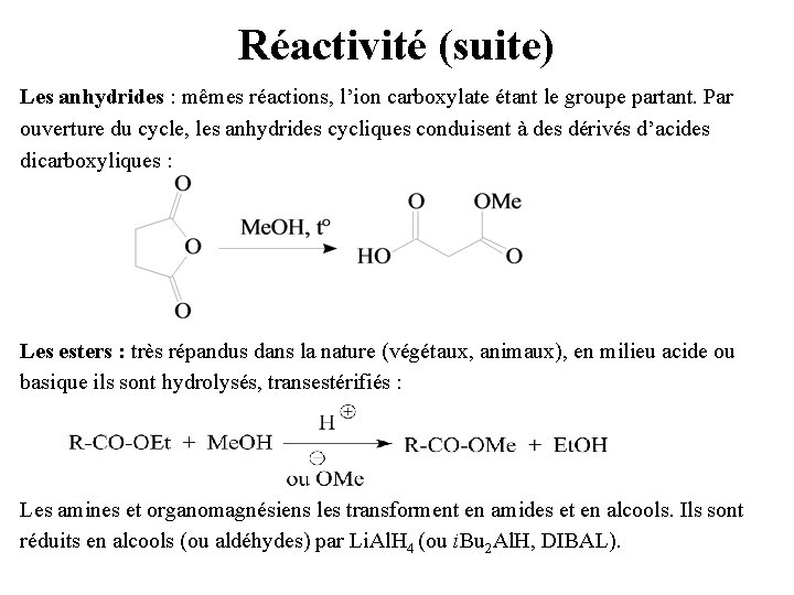 Réactivité (suite) Les anhydrides : mêmes réactions, l’ion carboxylate étant le groupe partant. Par