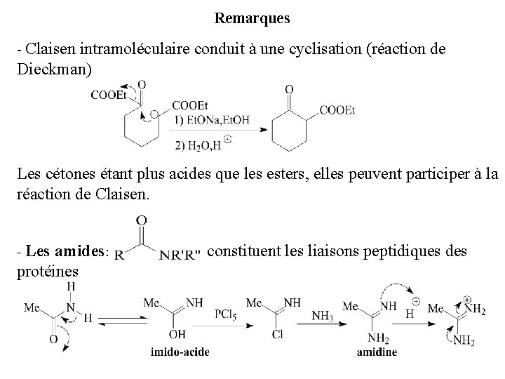 Remarques - Claisen intramoléculaire conduit à une cyclisation (réaction de Dieckman) Les cétones étant