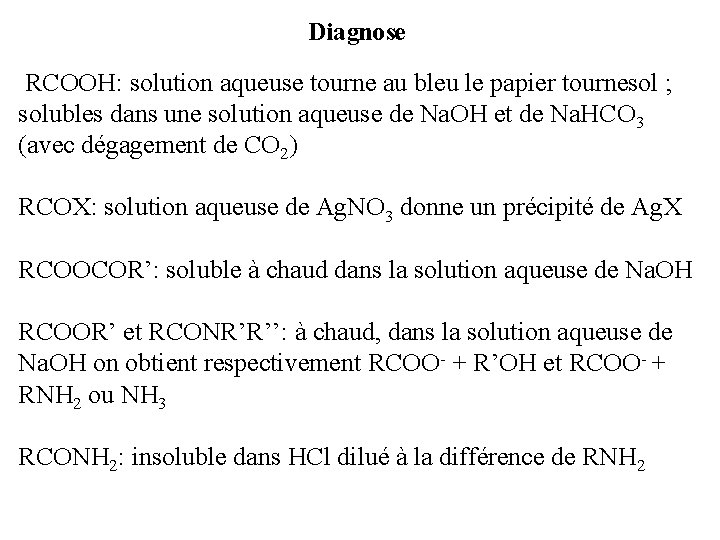 Diagnose RCOOH: solution aqueuse tourne au bleu le papier tournesol ; solubles dans une