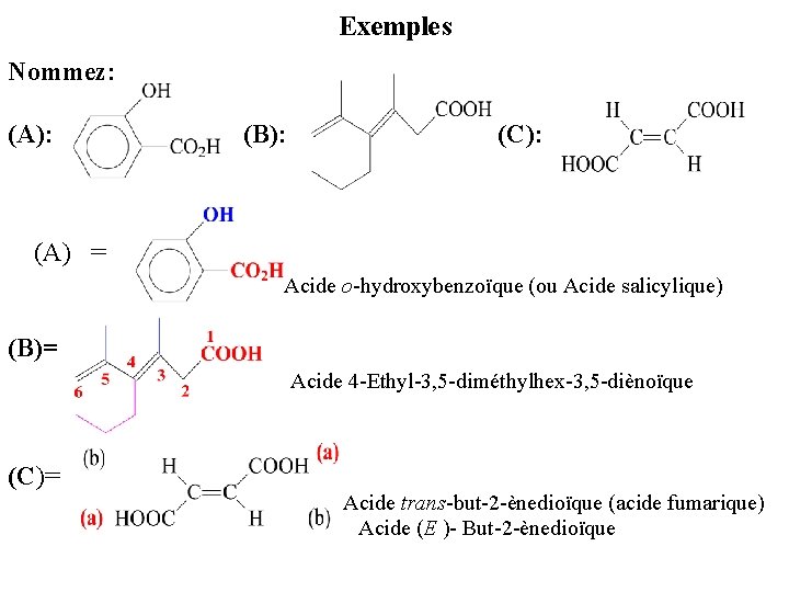 Exemples Nommez: (A): (B): (C): (A) = Acide o-hydroxybenzoïque (ou Acide salicylique) (B)= Acide