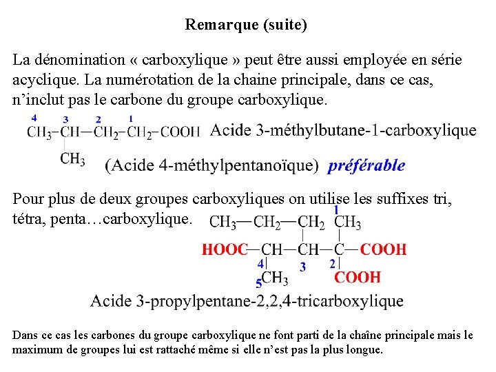 Remarque (suite) La dénomination « carboxylique » peut être aussi employée en série acyclique.