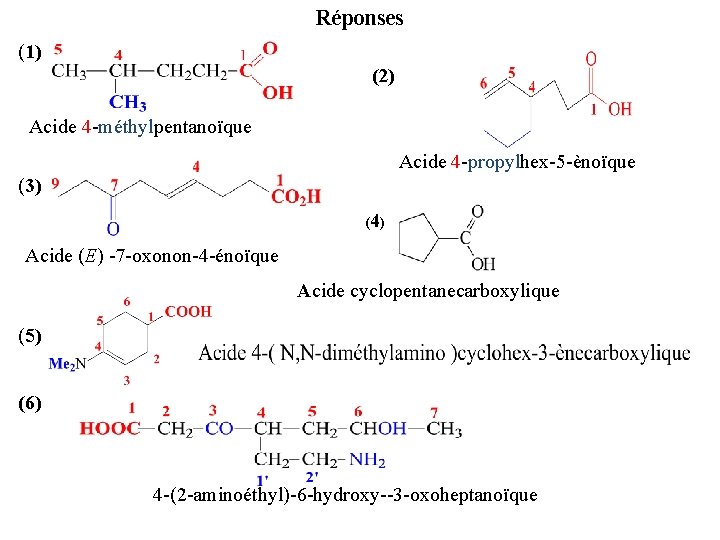 Réponses (1) (2) Acide 4 -méthylpentanoïque Acide 4 -propylhex-5 -ènoïque (3) (4) Acide (E)