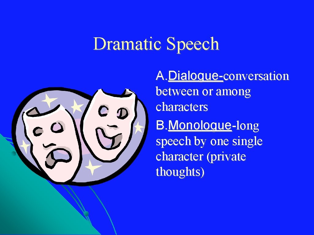 Dramatic Speech A. Dialogue-conversation between or among characters B. Monologue-long speech by one single