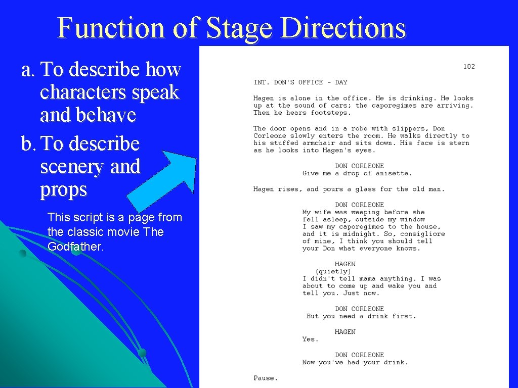 Function of Stage Directions a. To describe how characters speak and behave b. To