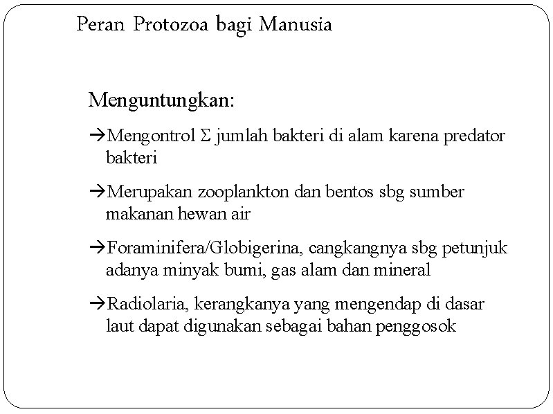 Peran Protozoa bagi Manusia Menguntungkan: Mengontrol jumlah bakteri di alam karena predator bakteri Merupakan