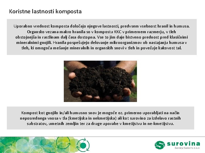 Koristne lastnosti komposta Uporabno vrednost komposta določajo njegove lastnosti, predvsem vsebnost hranil in humusa.