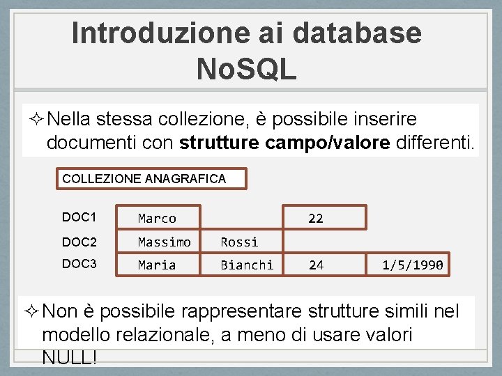 Introduzione ai database No. SQL ² Nella stessa collezione, è possibile inserire documenti con
