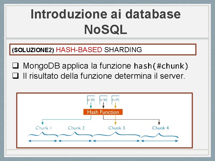 Introduzione ai database No. SQL (SOLUZIONE 2) HASH-BASED SHARDING q Mongo. DB applica la