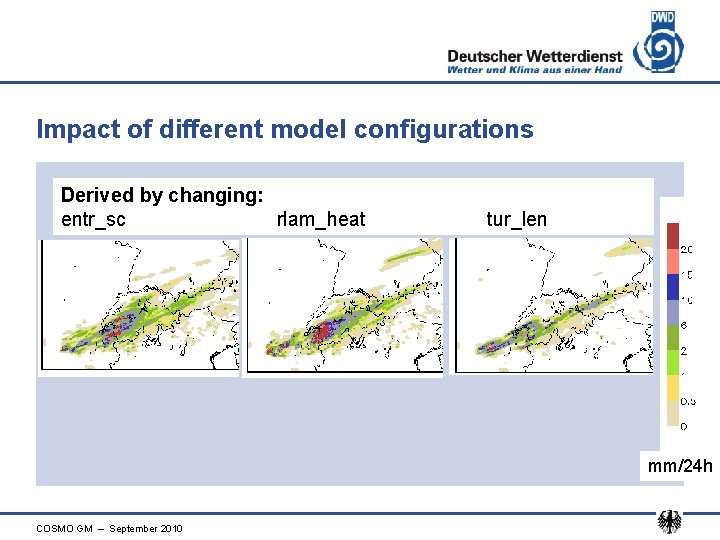 Impact of different model configurations Derived by changing: entr_sc rlam_heat tur_len mm/24 h COSMO