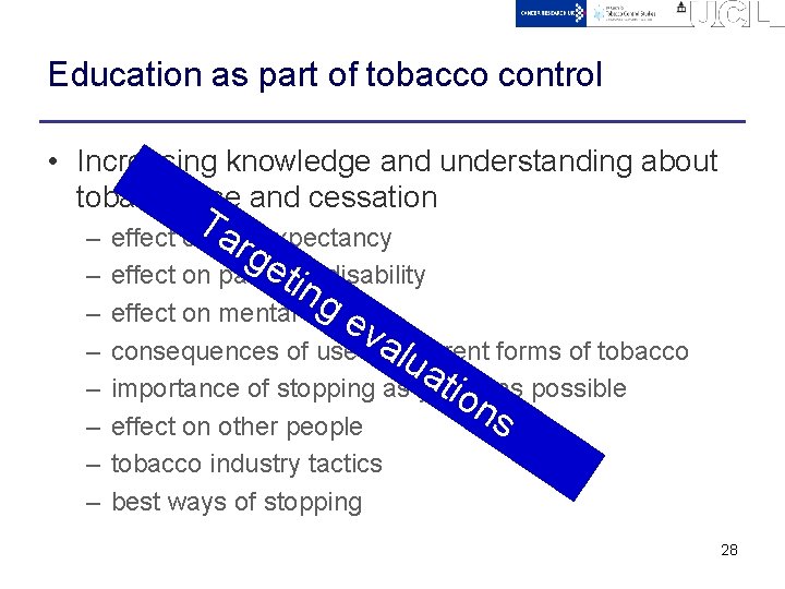 Education as part of tobacco control • Increasing knowledge and understanding about tobacco use