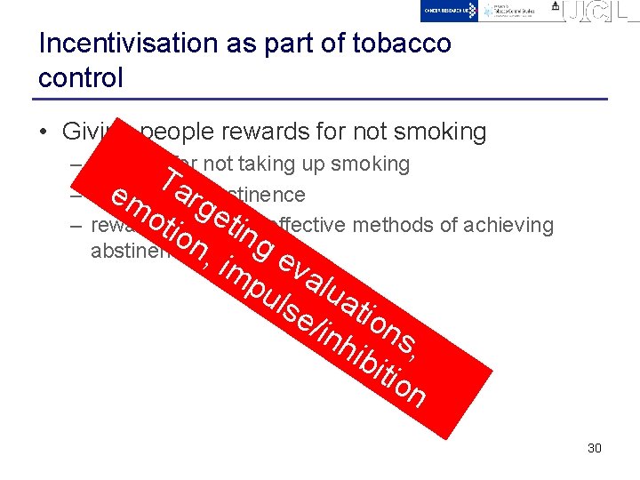 Incentivisation as part of tobacco control • Giving people rewards for not smoking –