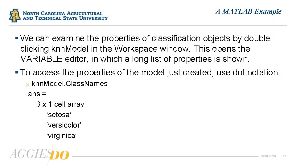 A MATLAB Example § We can examine the properties of classification objects by doubleclicking