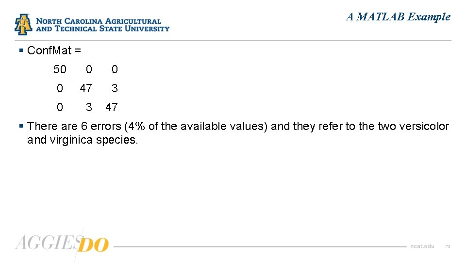 A MATLAB Example § Conf. Mat = 50 0 0 0 47 3 0