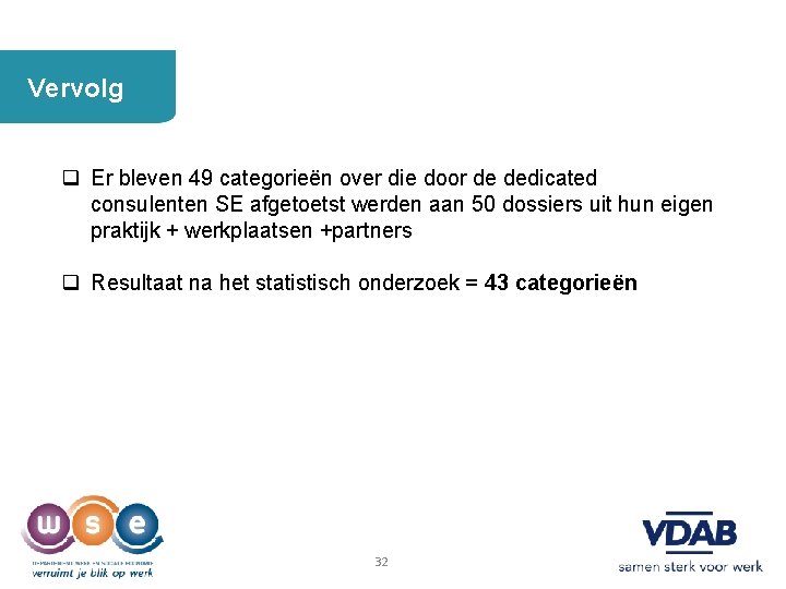 Vervolg q Er bleven 49 categorieën over die door de dedicated consulenten SE afgetoetst