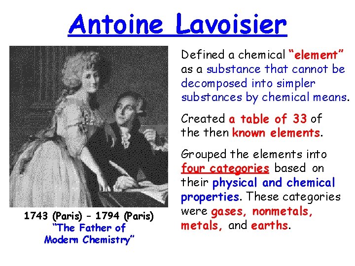 Antoine Lavoisier Defined a chemical “element” as a substance that cannot be decomposed into