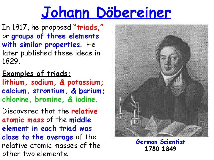 Johann Döbereiner In 1817, he proposed “triads, ” or groups of three elements with