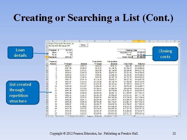 Creating or Searching a List (Cont. ) Loan details Closing costs List created through