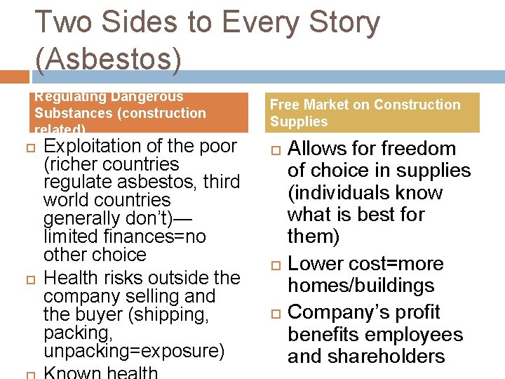 Two Sides to Every Story (Asbestos) Regulating Dangerous Substances (construction related) Exploitation of the