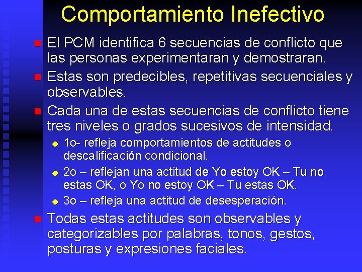 Comportamiento Inefectivo n n n El PCM identifica 6 secuencias de conflicto que las