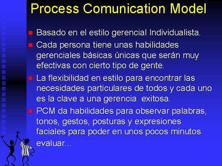 Process Comunication Model n n Basado en el estilo gerencial Individualista. Cada persona tiene