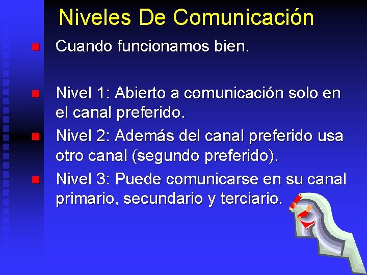 Niveles De Comunicación n Cuando funcionamos bien. n Nivel 1: Abierto a comunicación solo