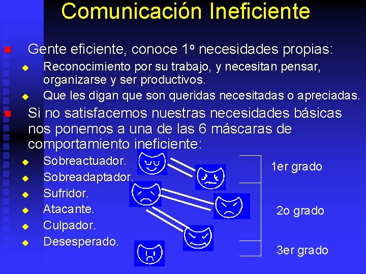 Comunicación Ineficiente n Gente eficiente, conoce 1 o necesidades propias: u u n Reconocimiento