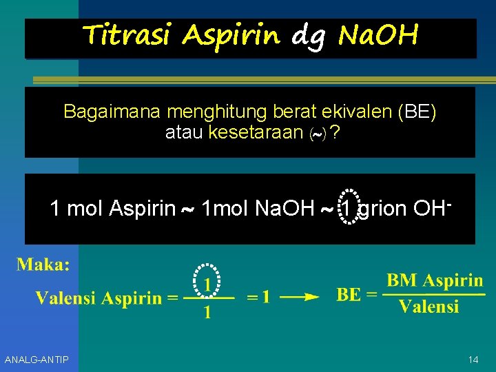 Titrasi Aspirin dg Na. OH Bagaimana menghitung berat ekivalen (BE) atau kesetaraan ( )