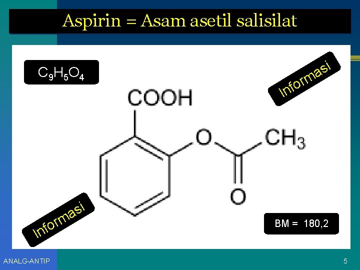 Aspirin = Asam asetil salisilat C 9 H 5 O 4 i s a