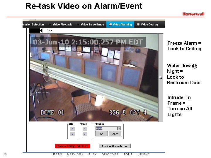 Re-task Video on Alarm/Event Freeze Alarm = Look to Ceiling Water flow @ Night