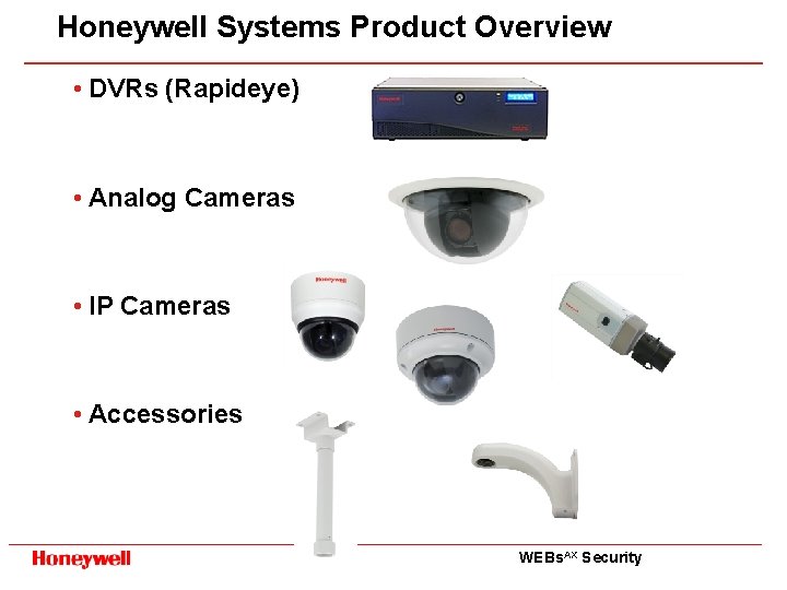 Honeywell Systems Product Overview • DVRs (Rapideye) • Analog Cameras • IP Cameras •
