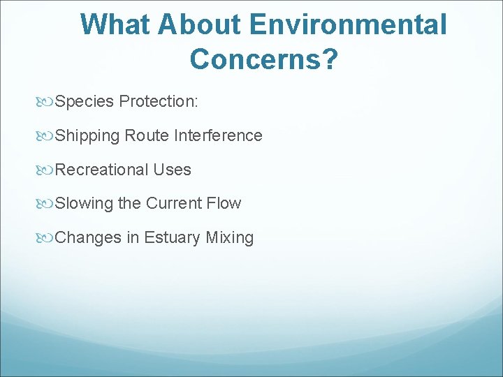 What About Environmental Concerns? Species Protection: Shipping Route Interference Recreational Uses Slowing the Current