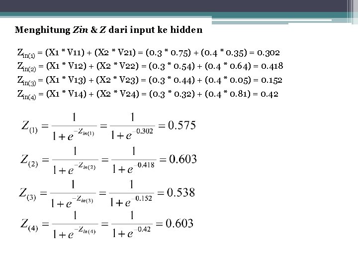 Menghitung Zin & Z dari input ke hidden Zin(1) = (X 1 * V