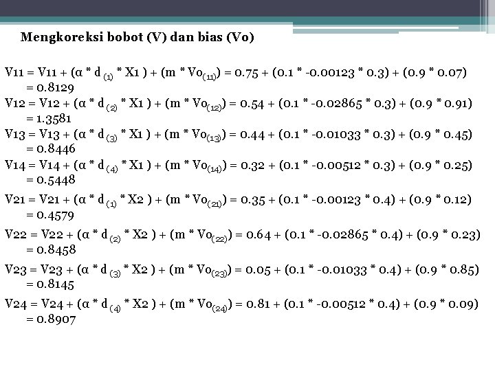 Mengkoreksi bobot (V) dan bias (Vo) V 11 = V 11 + (α *