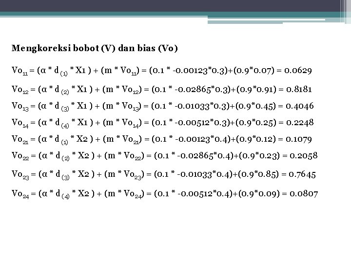 Mengkoreksi bobot (V) dan bias (Vo) Vo 11 = (α * d (1) *