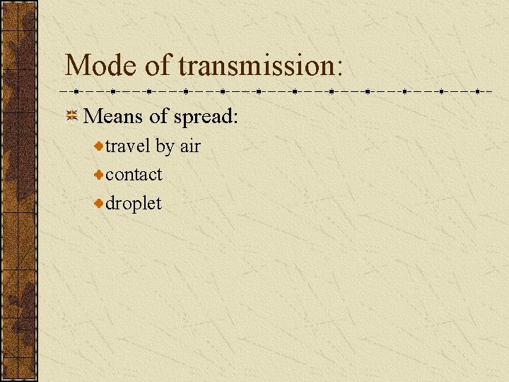 Mode of transmission: Means of spread: travel by air contact droplet 