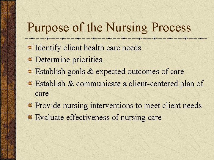 Purpose of the Nursing Process Identify client health care needs Determine priorities Establish goals