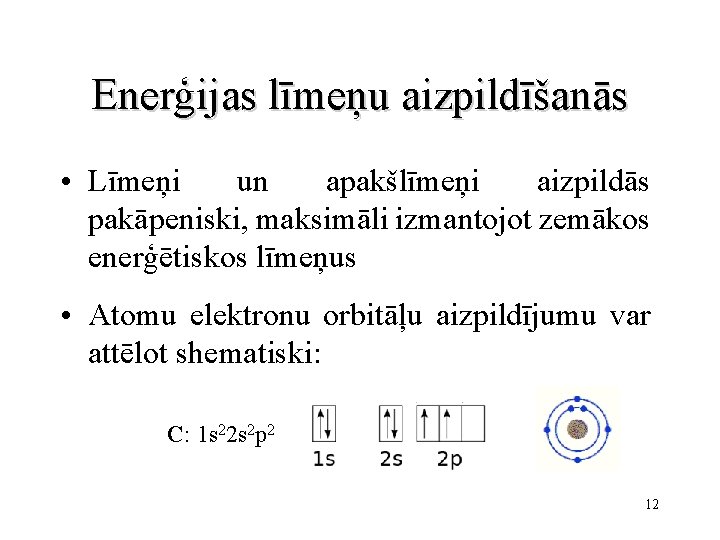 Enerģijas līmeņu aizpildīšanās • Līmeņi un apakšlīmeņi aizpildās pakāpeniski, maksimāli izmantojot zemākos enerģētiskos līmeņus