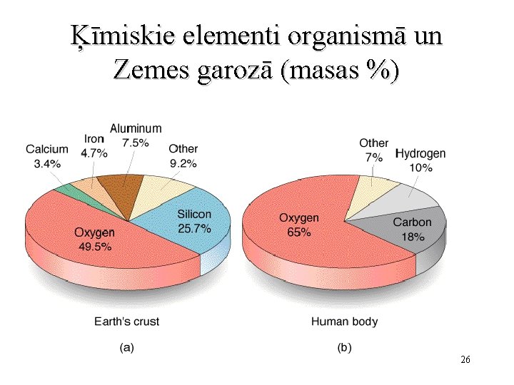 Ķīmiskie elementi organismā un Zemes garozā (masas %) 26 